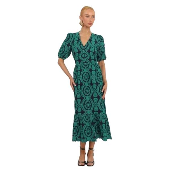 ADELYN RAE LEGACY EMBROIDERED MIDI DRESS in Navy Green XS - Picture 1 of 5